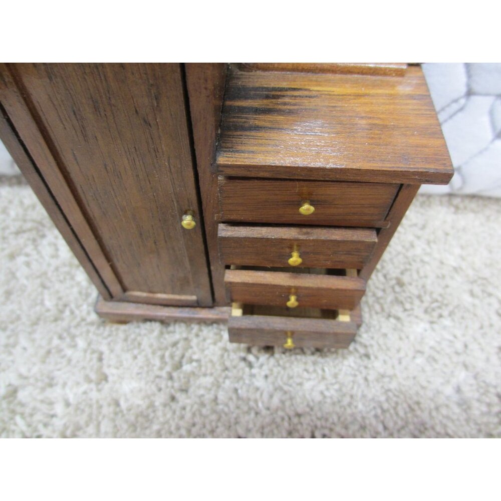 LVintage Dollhouse Miniature Wooden Bedroom Set With Four-Poster Bed & Vanity Dr
